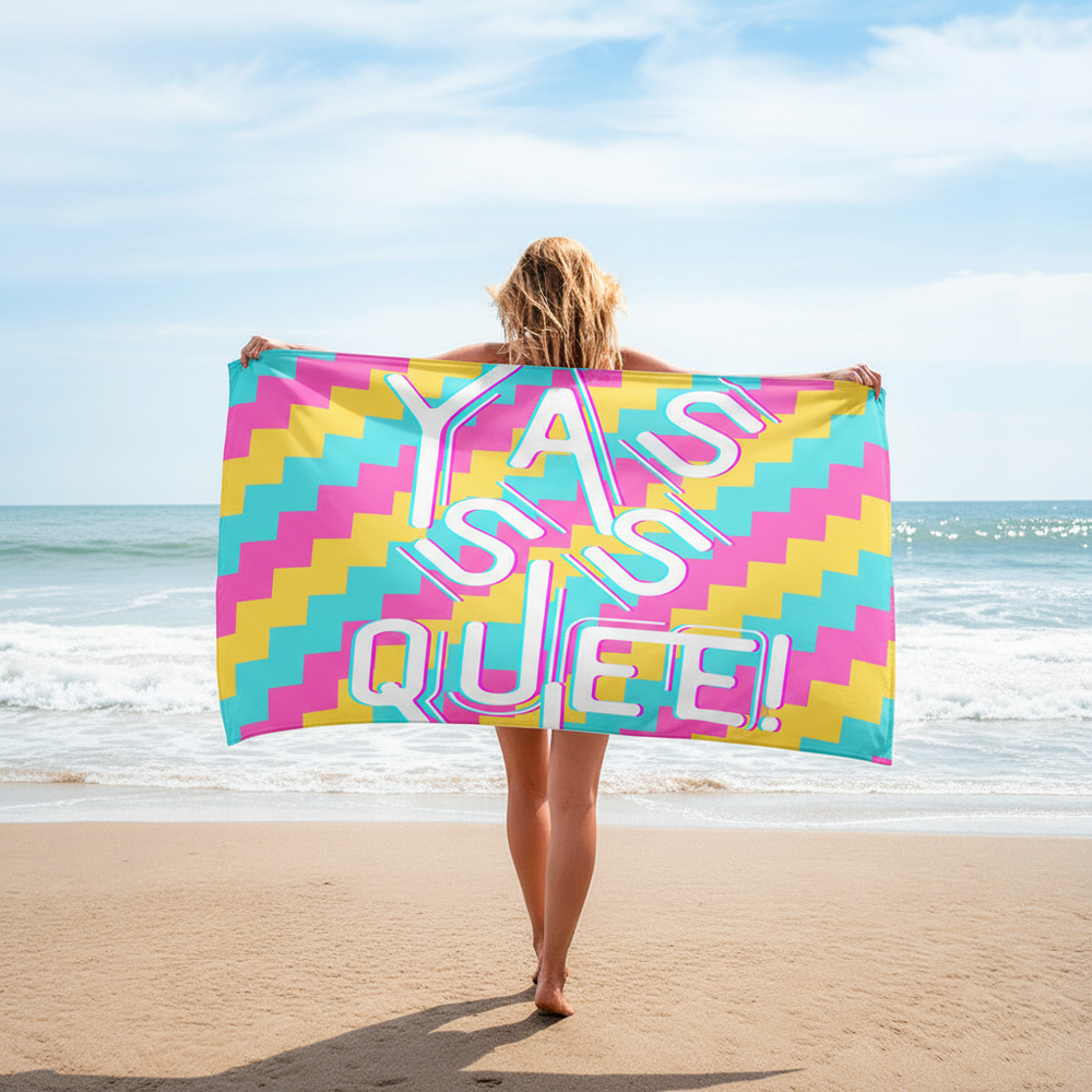 Yasss Queen Towel with pink, yellow, and blue zigzag stripes and “YAS QUEEN!” in bold white