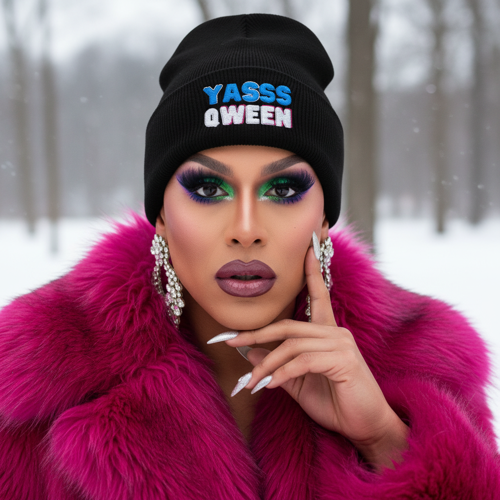 Yasss Qween Cuffed Beanie with bold black design, magenta faux fur coat, glam nails, and queer makeup in snowy LGBTQ+ vibe.
