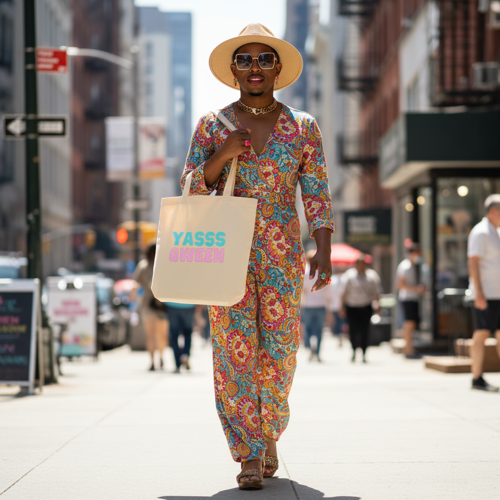 Yasss Qween Eco Tote Bag slung on the arm of a person in a colorful jumpsuit, sunhat, sunglasses, sandals, and gold necklace