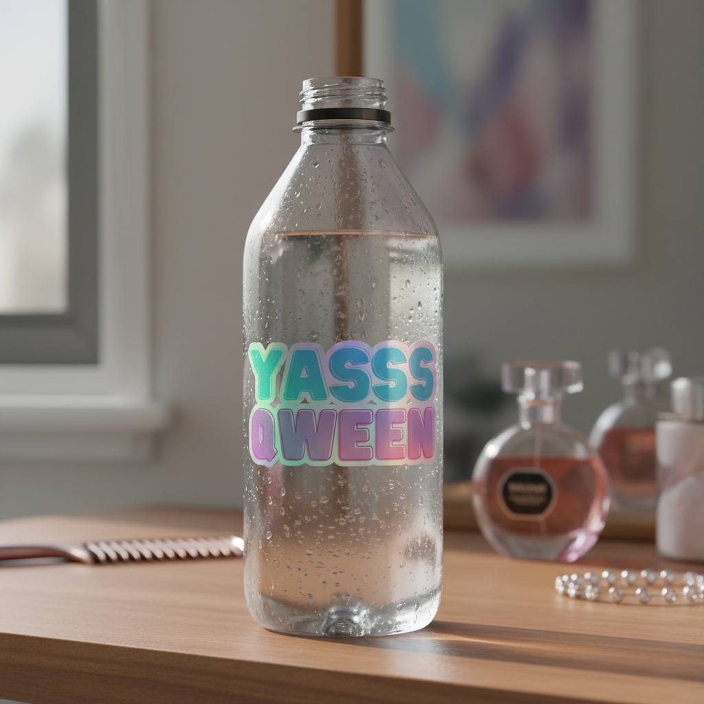 Yasss Qween holographic stickers glow on a clear water bottle; perfume, a pink brush