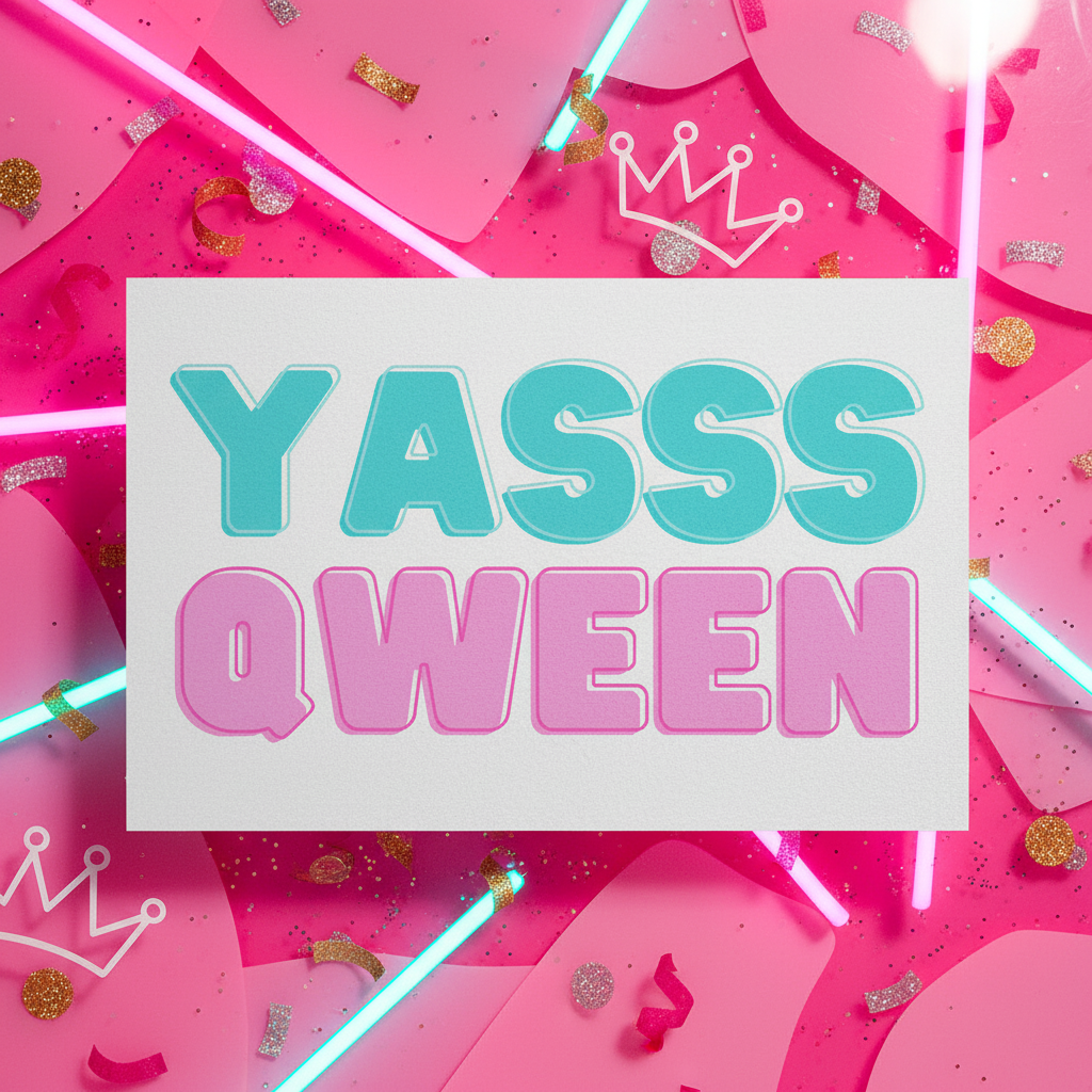 Postcard with bold blue and pink “YASSS QWEEN” text on a pink background, framed by hearts, glitter, crowns