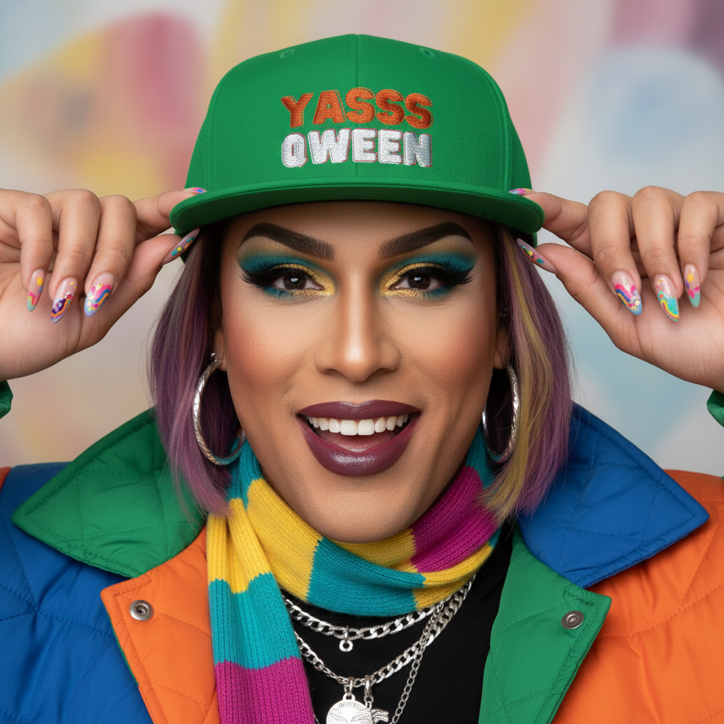 Yasss Qween Snapback Hat in bold green with rainbow lettering, hoop earrings, rainbow scarf, vibrant nails