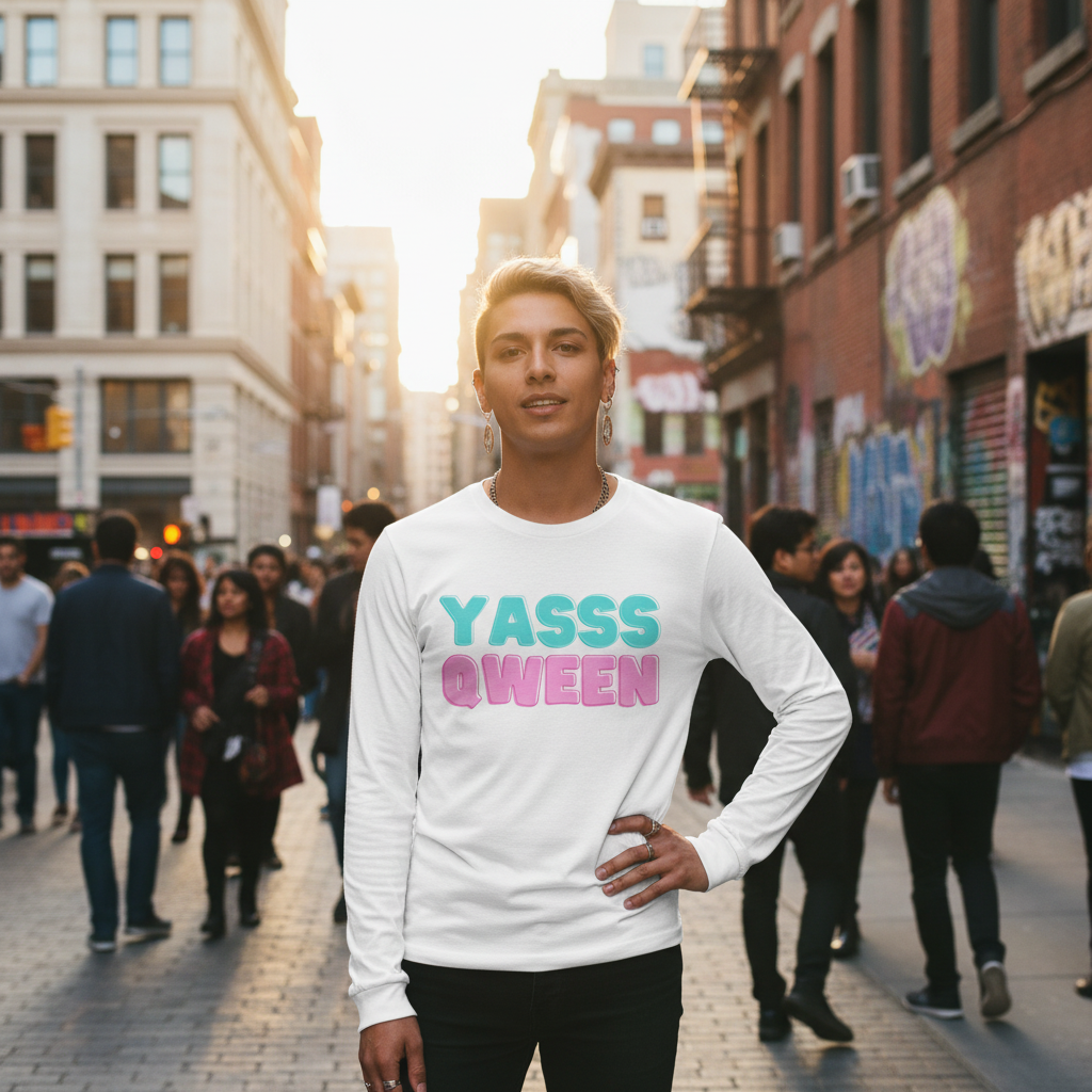 Model wearing a white long-sleeve shirt reading “YASSS QWEEN” on a busy city street