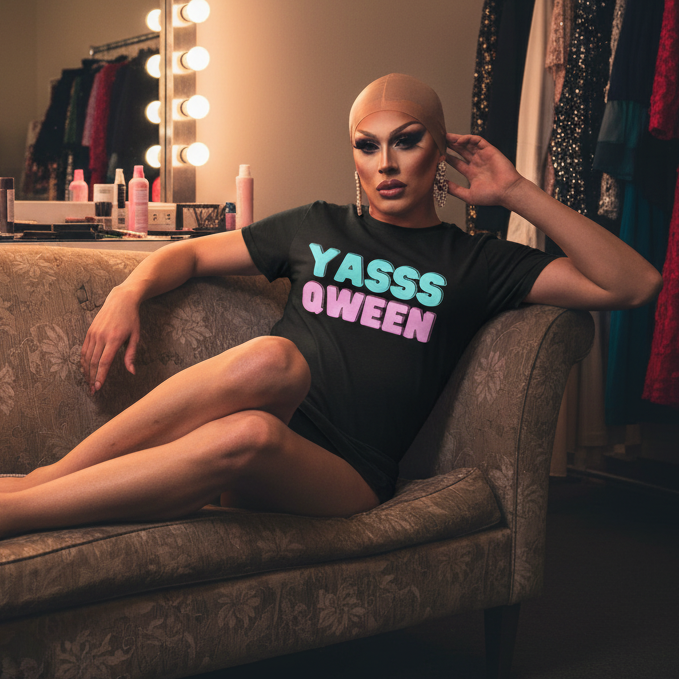 Drag performer lounging on a sofa in a black T-shirt reading “YASSS QWEEN”