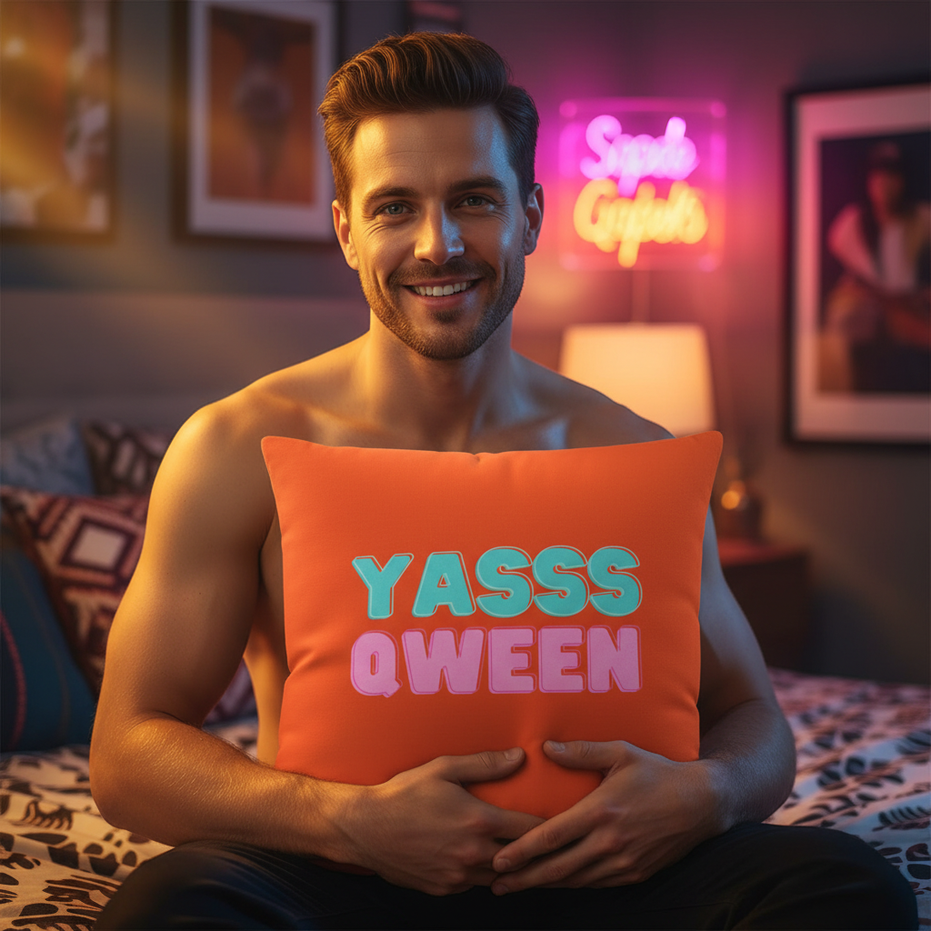 Shirtless person smiles on patterned bedding, holding Yasss Qwueen Premium Pillow with bold pastel letters, queer decor