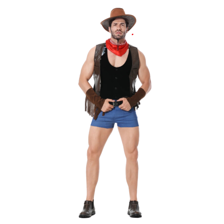 Front-view model in a cowboy hat, red bandana, fringed vest, and blue shorts