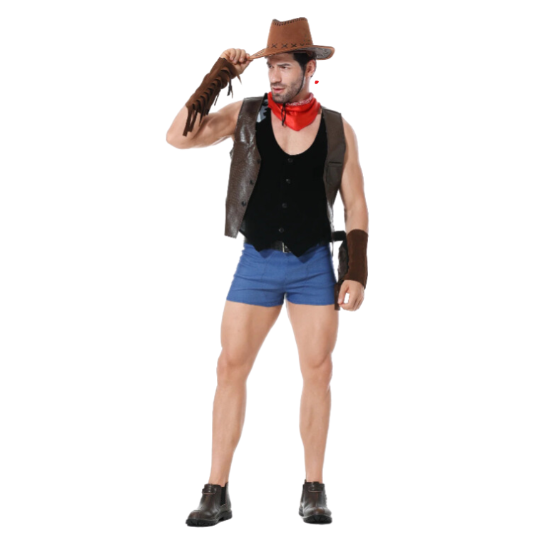 Model wearing a cowboy hat, red neckerchief, vest, gloves, blue shorts, and boots