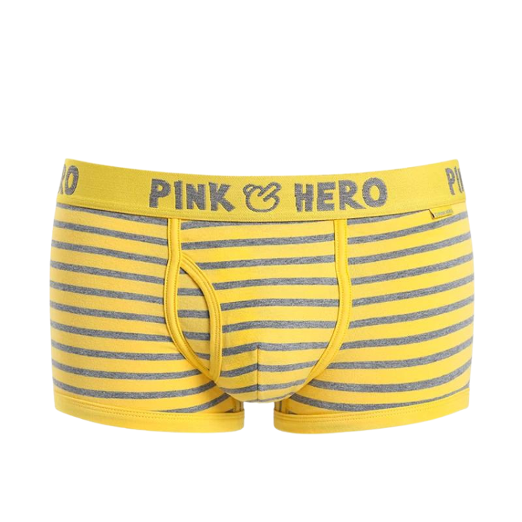 Yellow boxer briefs with horizontal gray stripes and gray PINK HERO lettering on the yellow waistband