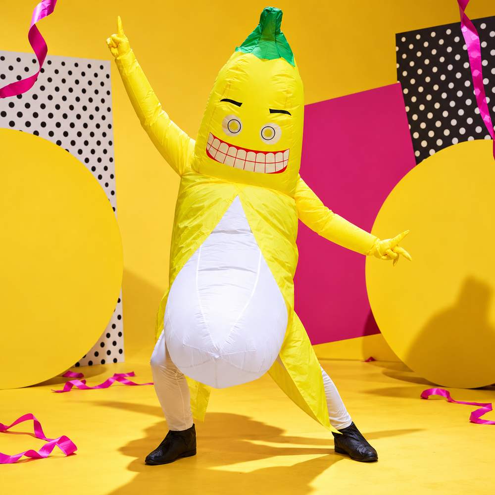 Yellow pop-art interruption photograph showing Inflatable Banana Costume in Yellow styling; additional clothing and scene props are styling.