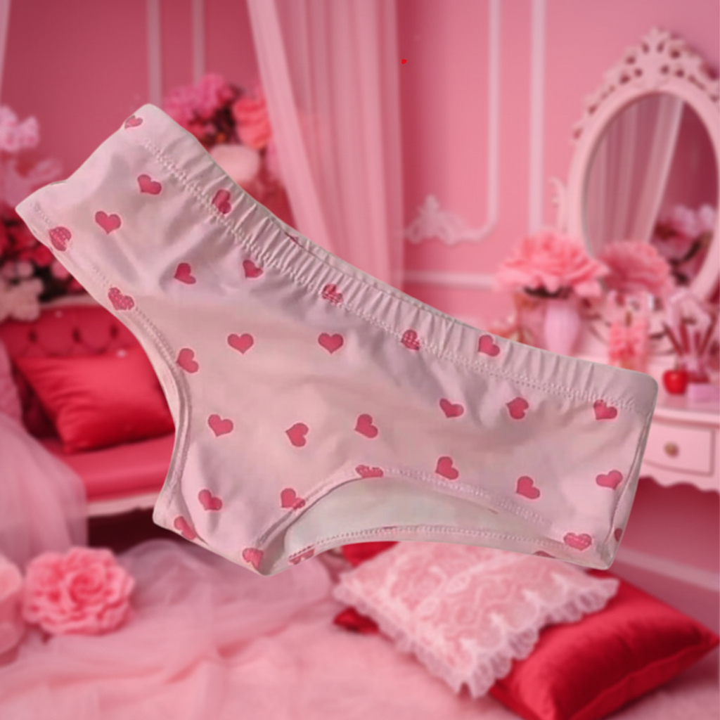 Yes, Daddy? Flirty Pink Love Briefs with pink heart patterns centered before a blurred