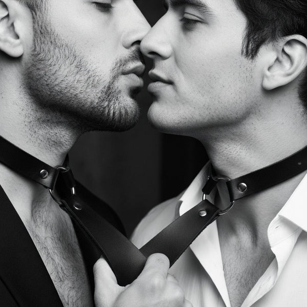 Black leather bow-tie chokers with O-rings worn by two people kissing