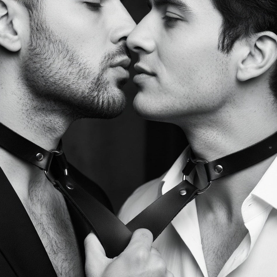 Black leather bow-tie chokers with O-rings worn by two people kissing
