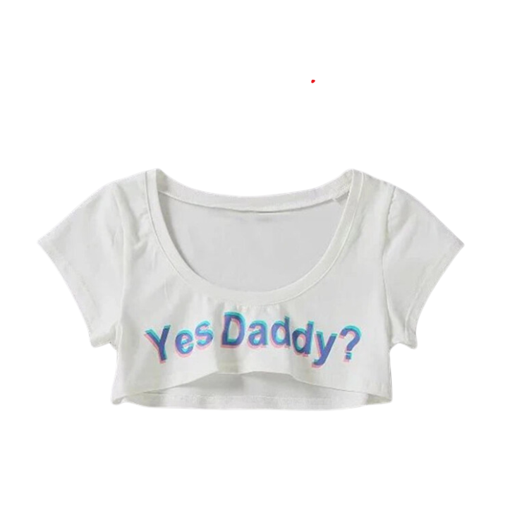 White cropped T-shirt with colorful “Yes Daddy?” lettering on the front