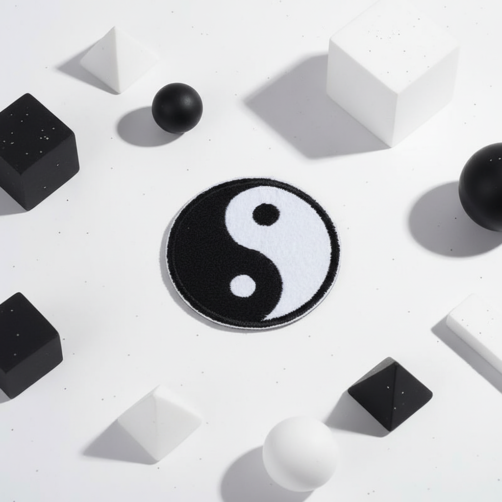 Yin and Yang iron-on embroidered patch sits on white, framed by black and white 3D spheres, cubes, pyramids
