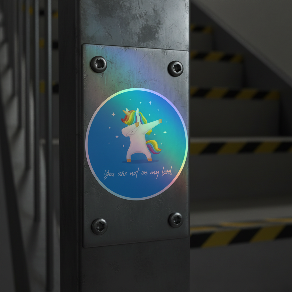 Round holographic sticker of a rainbow-maned unicorn dabbing, reading “You are not on my level”