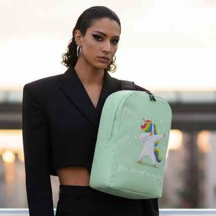 You Are Not On My Level Minimalist Backpack, light green with a rainbow-maned dabbing unicorn