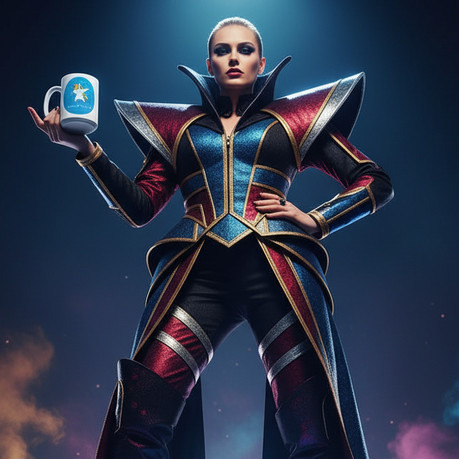 Model in a striking, futuristic outfit presents the You Are Not On My Level Mug, featuring a blue star emblem