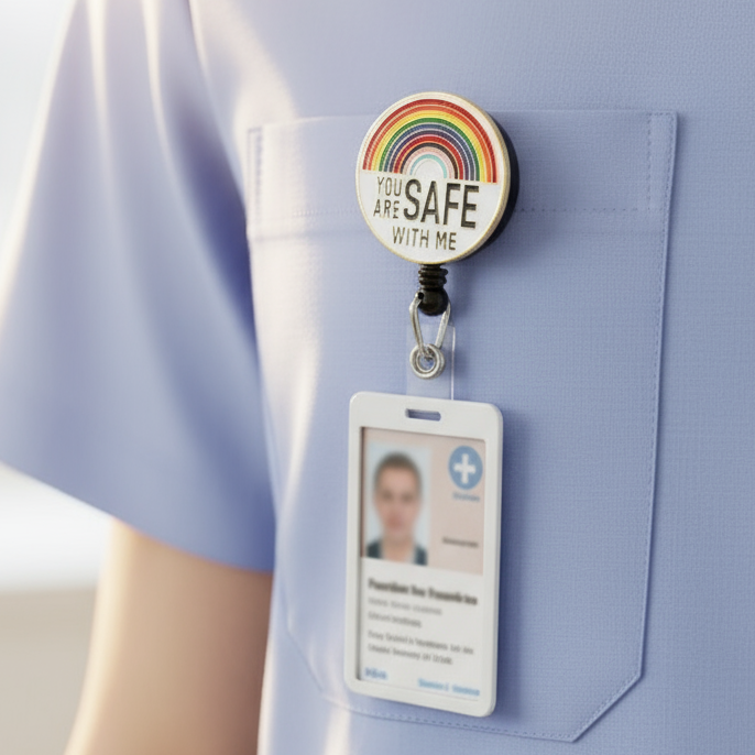 Round retractable badge reel on a light blue uniform pocket, with a rainbow and “YOU ARE SAFE WITH ME”