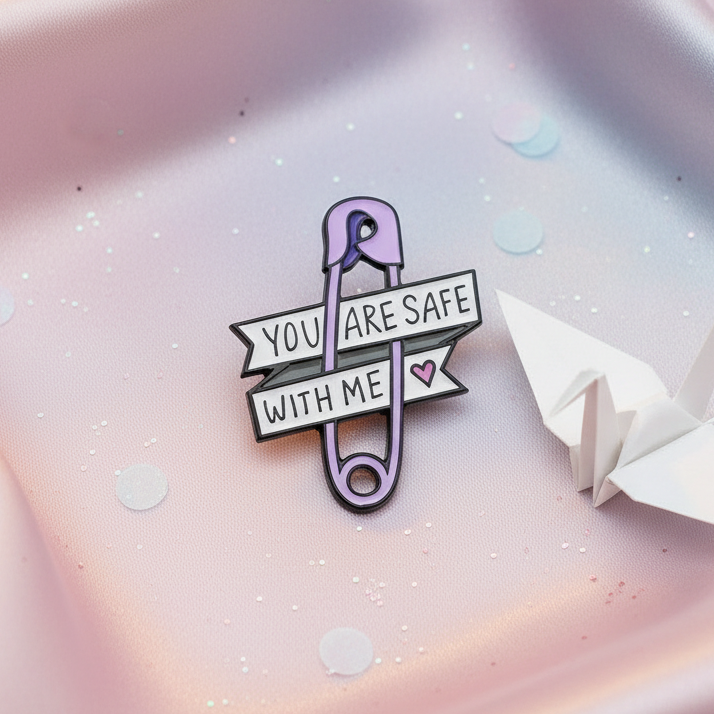 Close-up of a purple safety pin enamel pin reading “YOU ARE SAFE WITH ME” with a pink heart