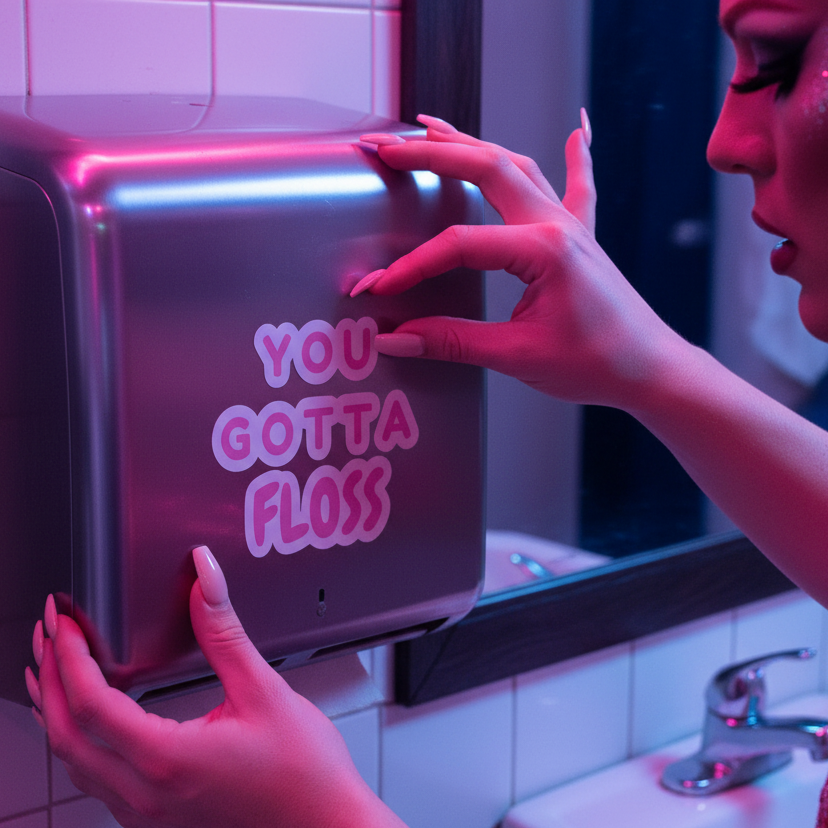 You Gotta Floss bubble-free sticker on metallic paper towel dispenser, touched by manicured hand; white tiles, mirror