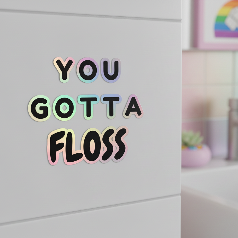You Gotta Floss holographic stickers pop on a white bathroom cabinet, with pastel tiles, a pink plant pot