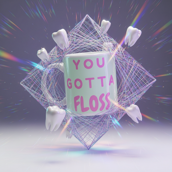 You Gotta Floss Mug floats amid rainbow-lit threads and orbiting molar teeth