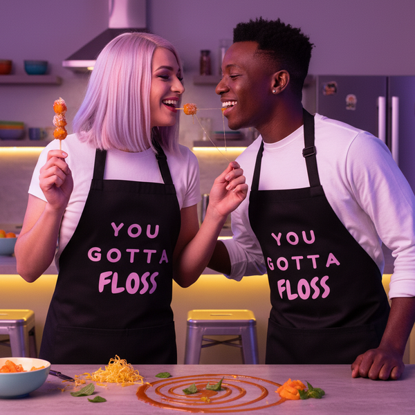 Two people wear black “YOU GOTTA FLOSS” aprons while sharing candy in a kitchen