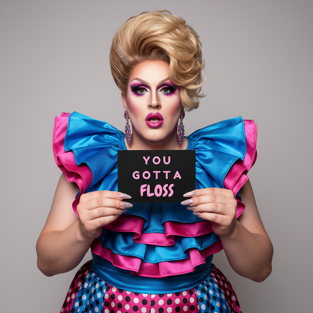 You Gotta Floss Postcard: Drag queen with big blonde hair, bold makeup