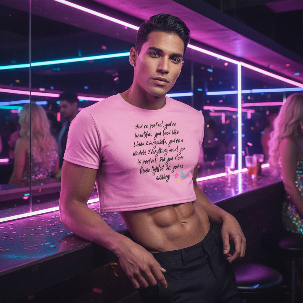 You Look Like Linda Evangelista Crop Top in ultra-soft pink cotton with handwritten text