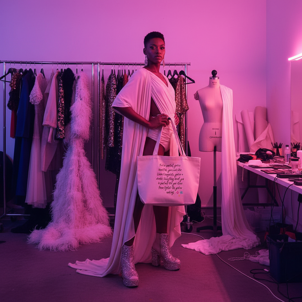 Model holding a large organic tote bag with the text “You look perfect, you’re beautiful” in a pink-lit dressing room