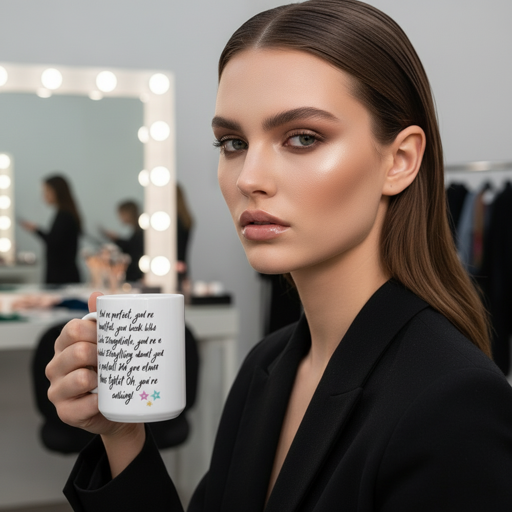 Person in a makeup studio holds the You Look Like Linda Evangelista Mug, featuring affirmations and colorful stars