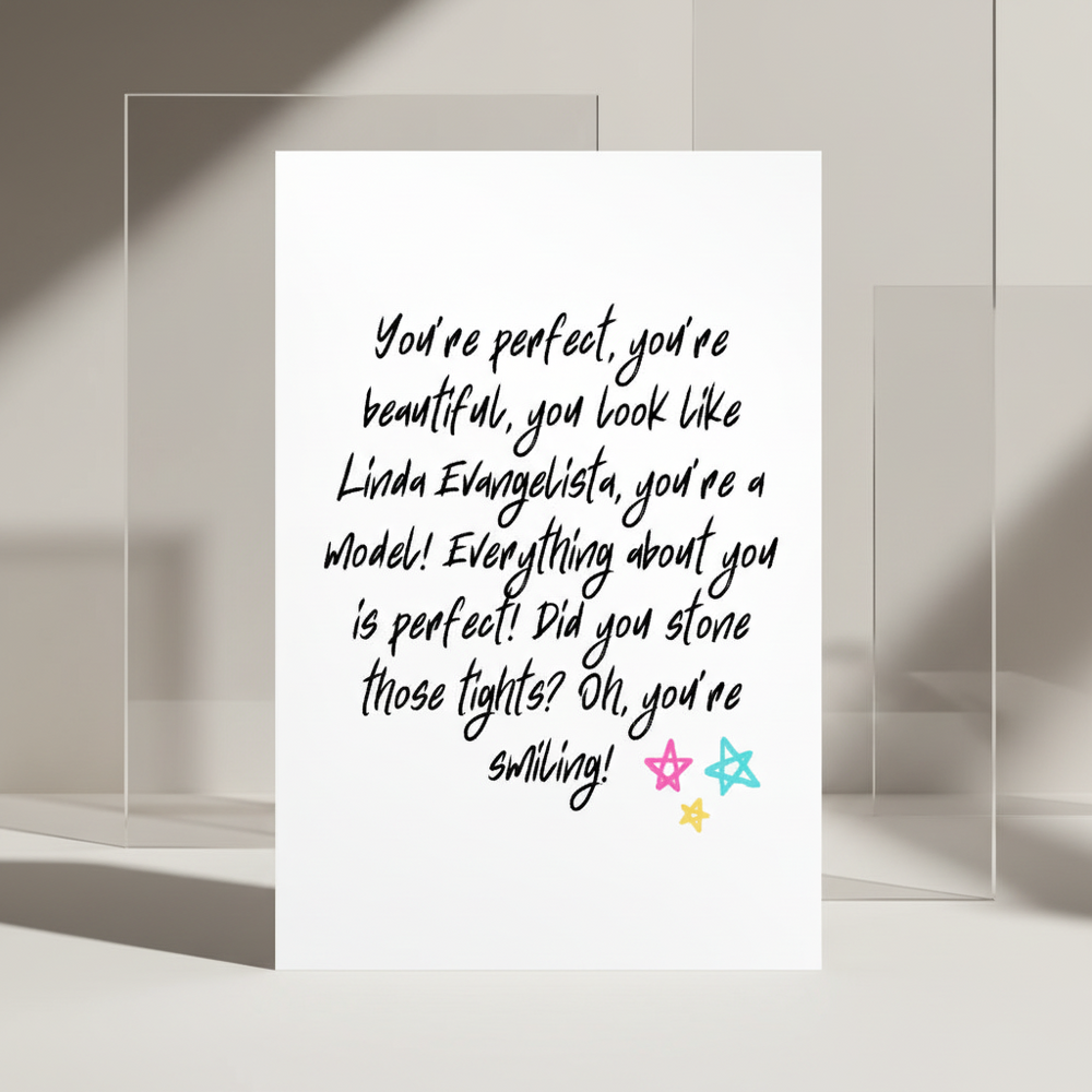 You Look Like Linda Evangelista postcard with black handwritten text and three colorful stars