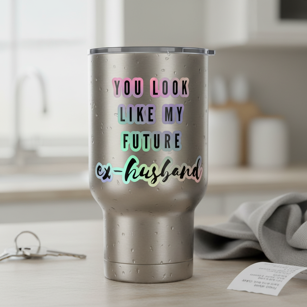 Holographic stickers saying "You Look Like My Future Ex-Husband" in rainbow colors sit
