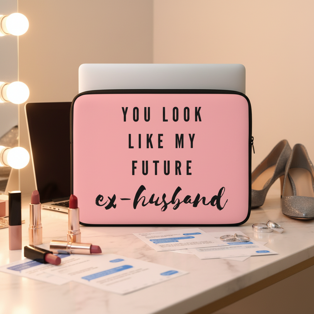 Pink faux fur "You Look Like My Future Ex-Husband" laptop sleeve on a vanity, with makeup, lipstick, glittery heels, cards