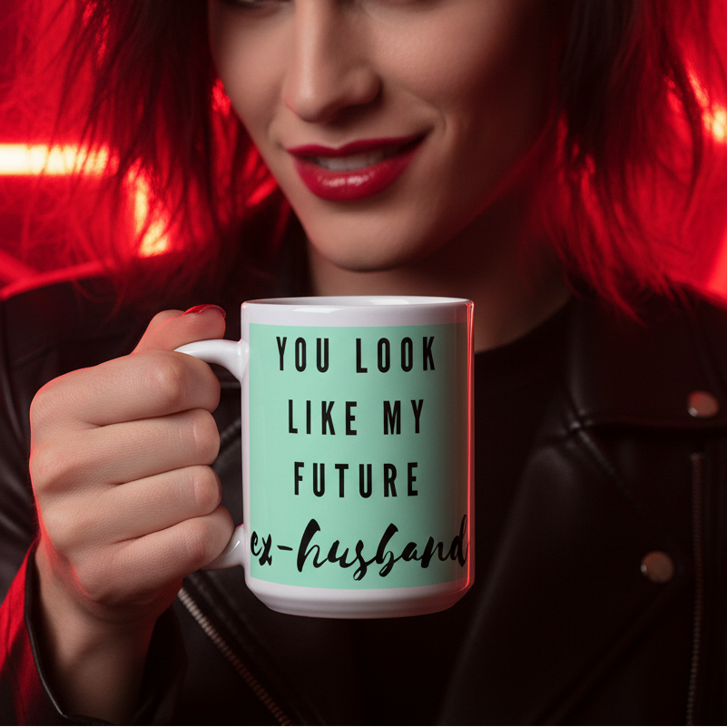 Person in red lipstick and a black leather jacket holds a white mug reading “You Look Like My Future Ex-husband.”
