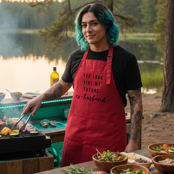 Person with teal hair and tattooed arms grilling vegetables in a red “You Look Like My Future Ex-Husband” apron