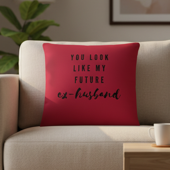 Red queer pillow with black text reading "You Look Like My Future Ex-Husband" on beige sofa; cozy decor, plant
