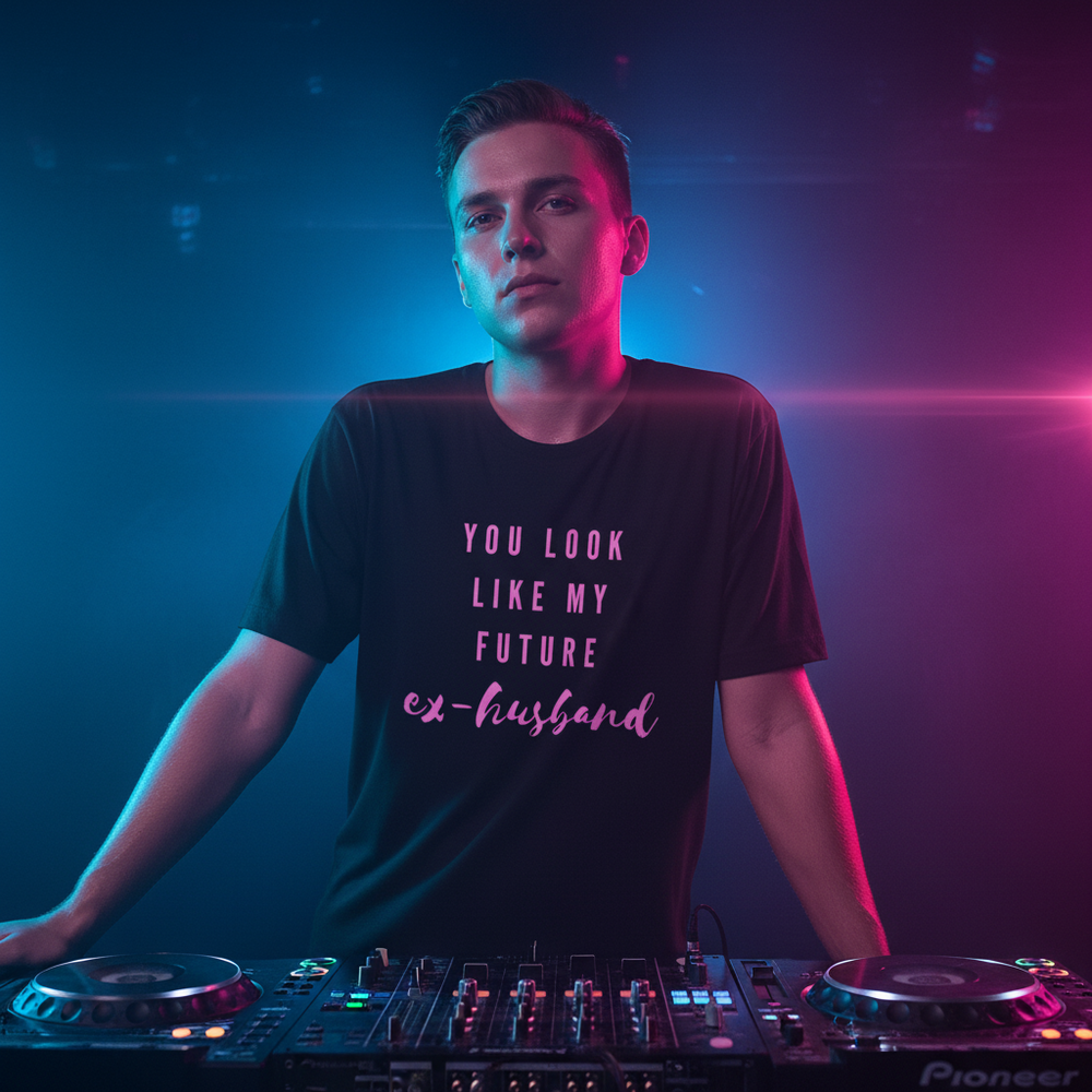 Black unisex tee with bold pink "You Look Like My Future Ex-husband" slogan worn by a young male DJ