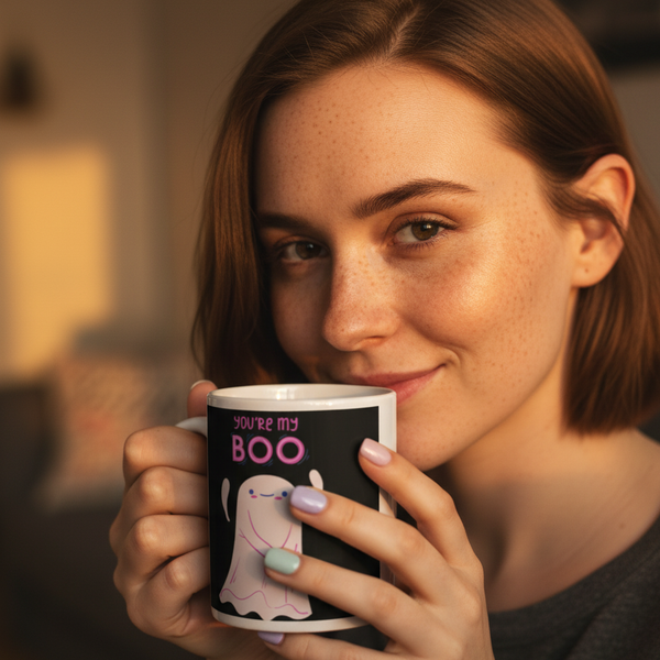 Freckled person holds a black mug reading “YOU’RE MY BOO” with a smiling ghost illustration