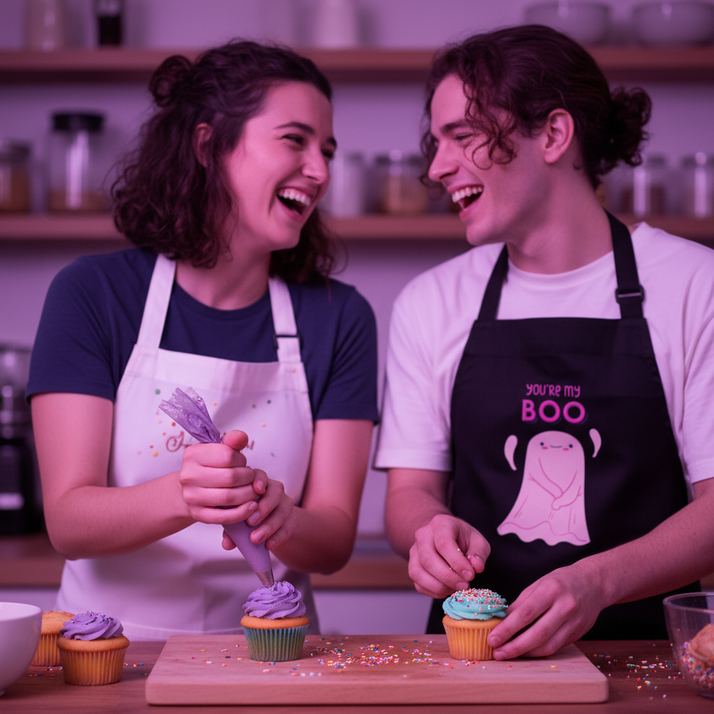Two people decorate cupcakes; one wears a black apron reading “YOU’RE MY BOO” with a ghost graphic.