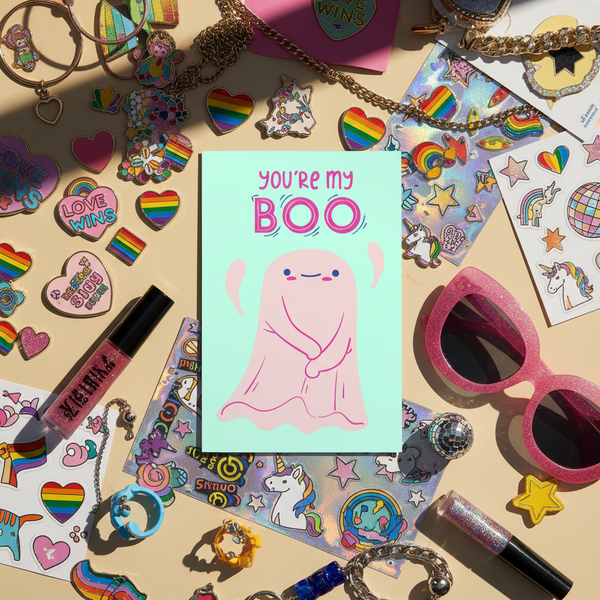 You're My Boo! Postcard with a pink ghost and “Youre my boo” quote, rainbow and unicorn stickers, heart pins, lip gloss
