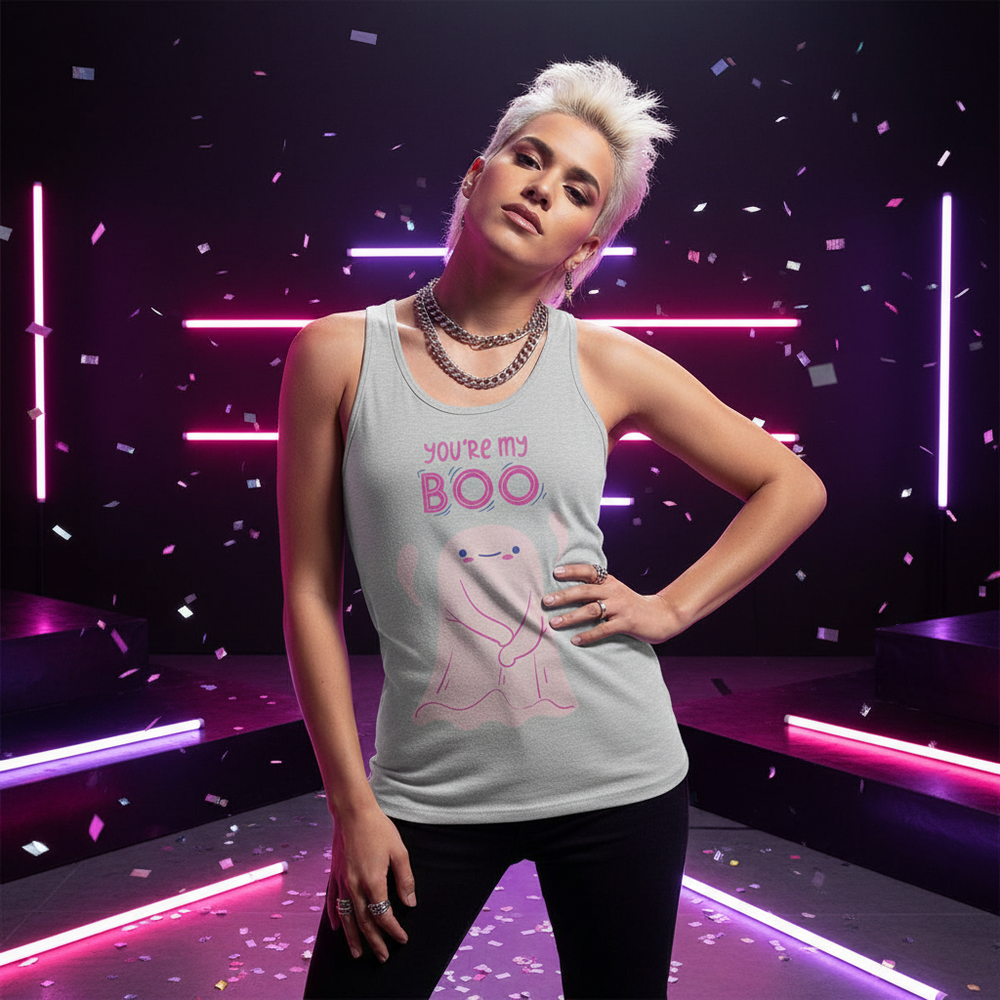 You're My Boo! Unisex Tank Top in bold hues with a cute ghost and playful slogan, modeled by a person under neon lights