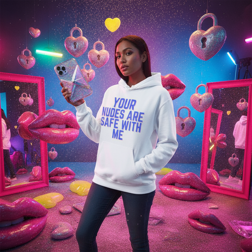Model wearing a white hoodie reading “YOUR NUDES ARE SAFE WITH ME” while holding a phone