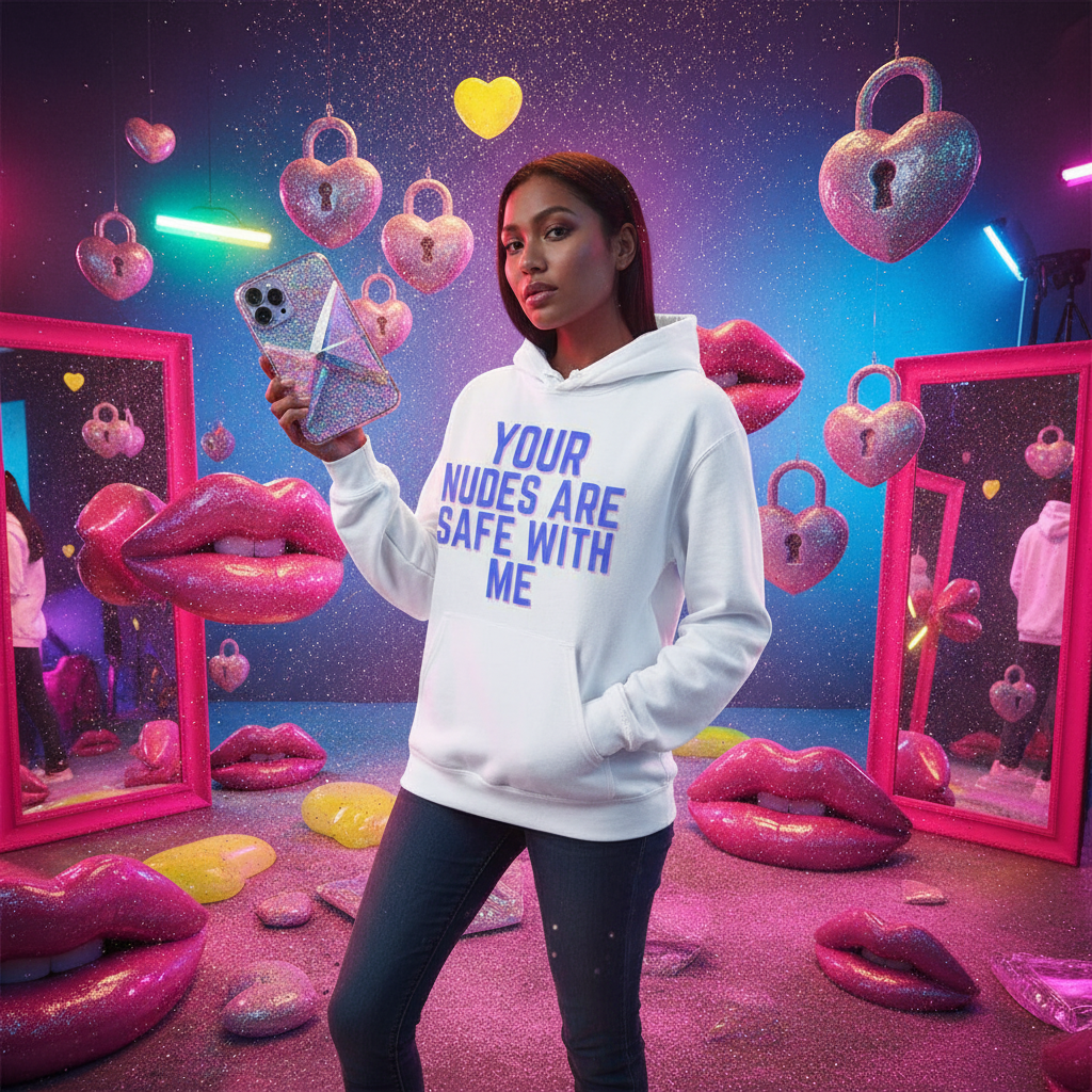 Model wearing a white hoodie reading “YOUR NUDES ARE SAFE WITH ME” while holding a phone