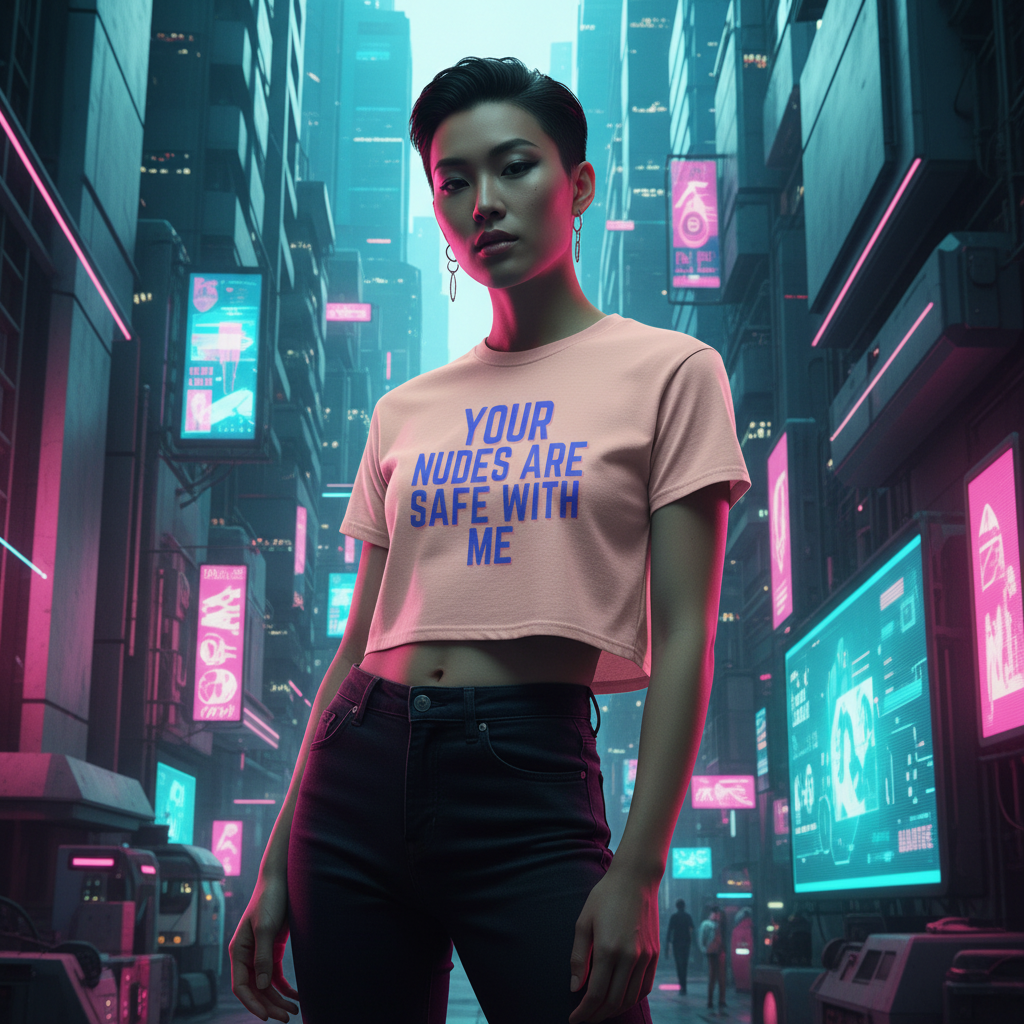 Your Nudes Are Safe With Me crop top worn by a confident