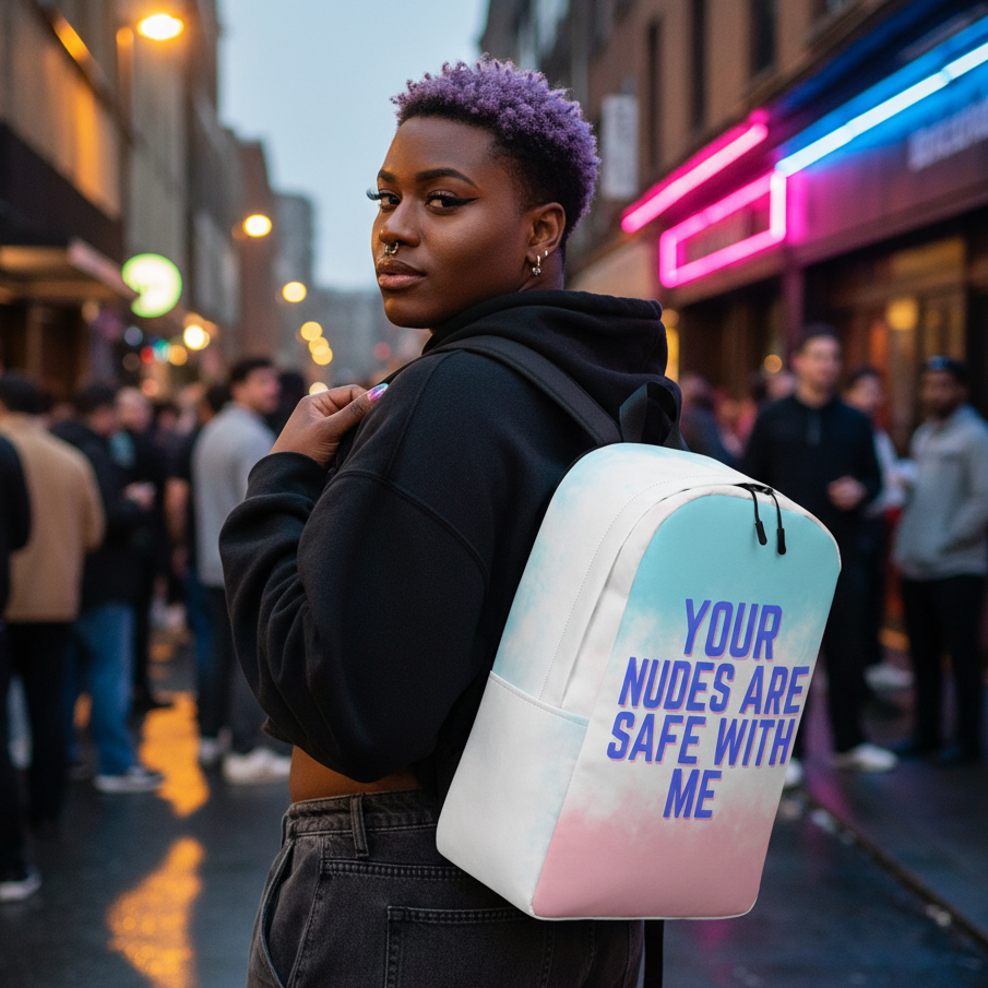Your Nudes Are Safe With Me Minimalist Backpack slung on a purple-haired person in a black hoodie