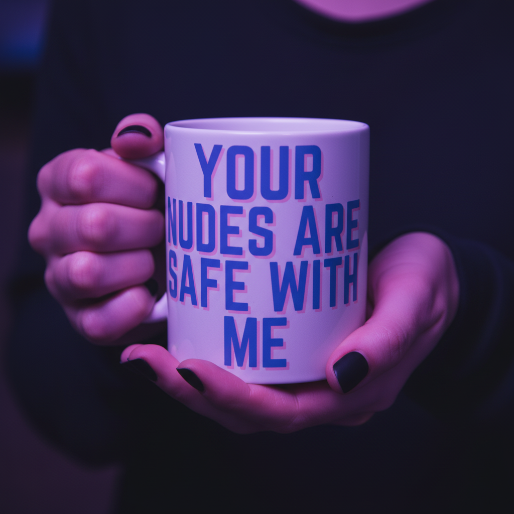 Hands hold a white mug reading “YOUR NUDES ARE SAFE WITH ME” in blue and pink lettering