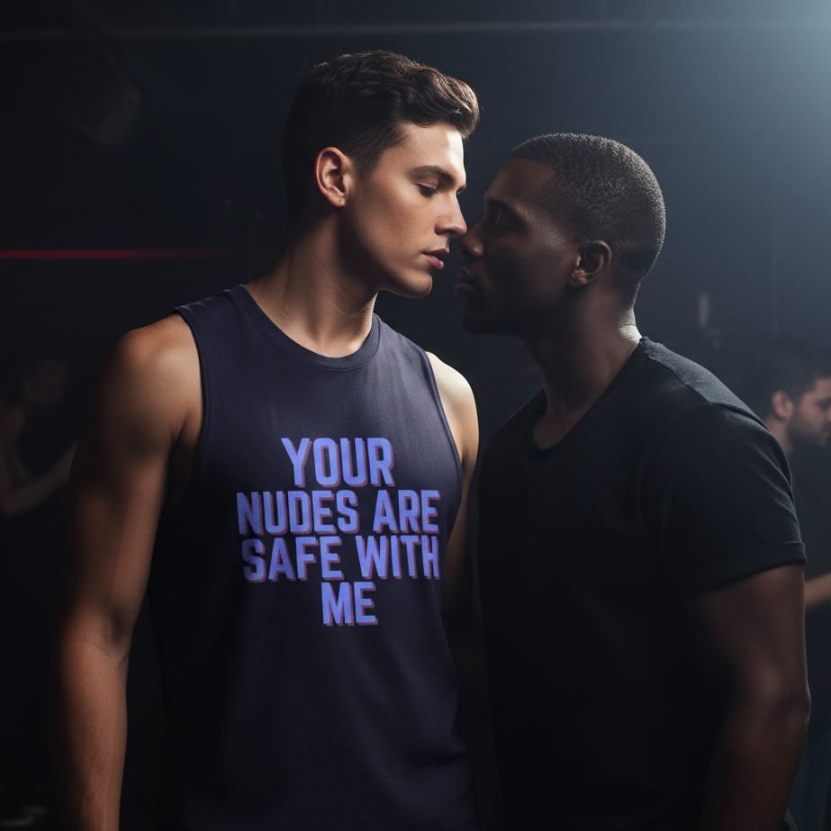 Your Nudes Are Safe With Me muscle top on one person, next to another in a dark tee