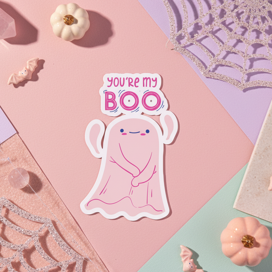 Bubble-free sticker with a pink ghost smiling and raising its arms on a pastel vibe, ringed by pumpkins, bats, crystals