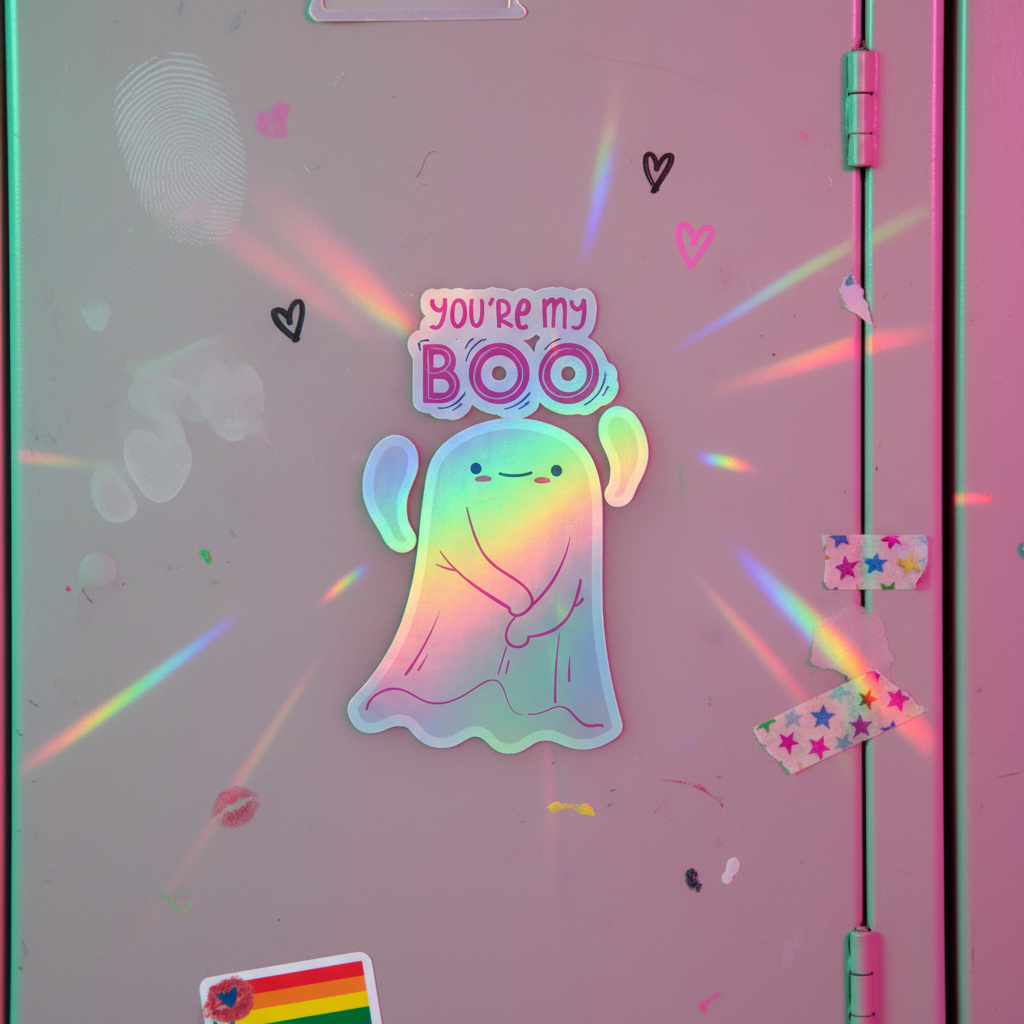 You're My Boo! holographic stickers pop on a lilac locker, with rainbow shimmers, heart doodles, star tape